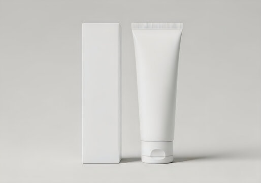 Blank white cosmetic tube and packaging box on a light grey background for beauty product mockup.