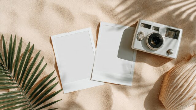 Vintage Camera and Blank Instant Photo Frames on Tropical Beach Sand