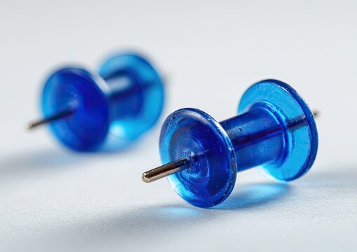 Two translucent blue thumbtacks on a white surface, sharp focus