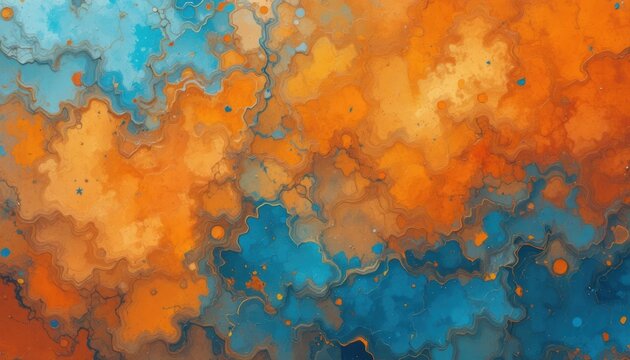 An abstract digital artwork featuring a dynamic blend of orange and blue hues with intricate patterns and organic shapes, creating a vibrant, fluid composition.
