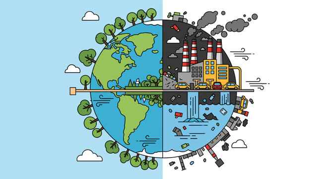Illustration of Earth split into two halves, one vibrant and green with nature, the other dark and polluted with factories and industrial waste, symbolizing environmental contrast.