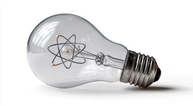 A lightbulb with an atom model inside, symbolizing discovery and knowledge