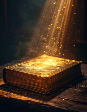 An old, thick book glows with golden light and sparkling dust as a beam of sunlight shines down onto it in a dark, mysterious setting.