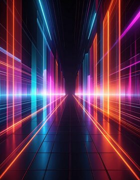 A futuristic corridor with glowing neon lights in blue, purple, and orange hues, creating a vibrant, high-tech atmosphere with reflective floor tiles.