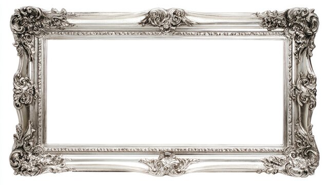 Ornate silver rectangular frame with intricate floral scrolls and embellishments