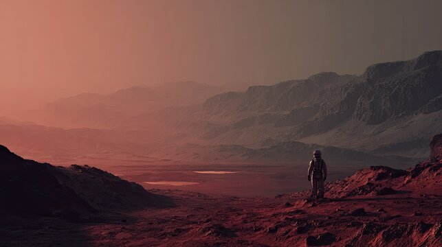 Astronaut exploring the Martian landscape at sunset, with distant mountains and a serene atmosphere