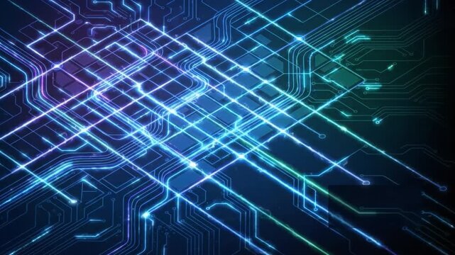 Abstract Neon Circuit Board Background With Glowing Blue And Purple Line Pattern, Digital Technology Design, Glowing Neon Line Network On Dark Background, Abstract Technology Pattern, Futuristic