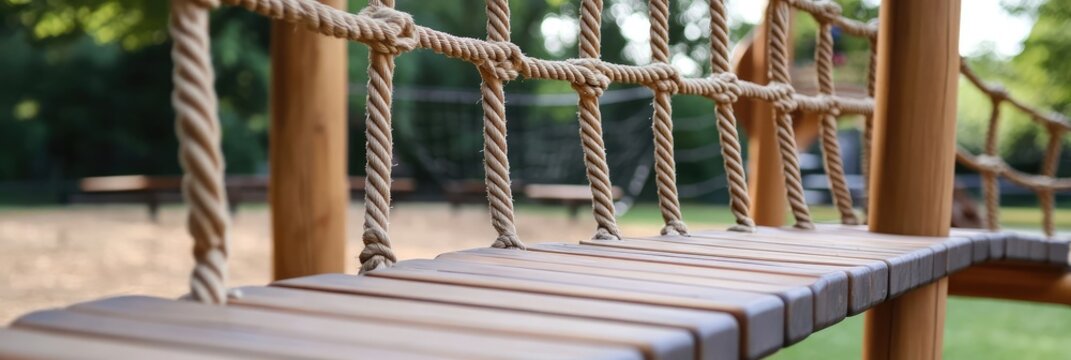 A wooden bridge with a rope bridge over it