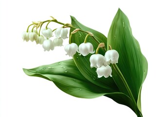 Fototapeta premium Delicate white bell-shaped flowers on green stalks with broad leaves, dew drops