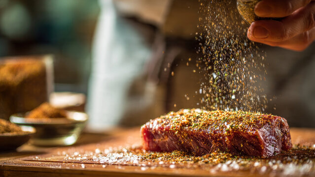 Extreme close-up of a raw steak on wooden cutting board, hand sprinkling mixed herbs and spices from above, spices frozen mid-air, dramatic side lighting, shallow depth of field with blurred backgroun