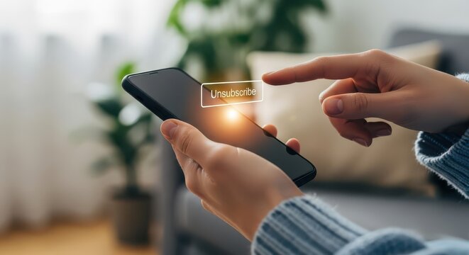 Person presses the unsubscribe button on a mobile phone screen.