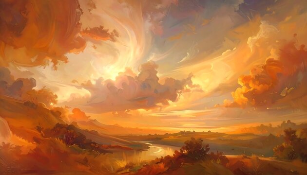 A serene landscape with a winding river and vibrant orange clouds