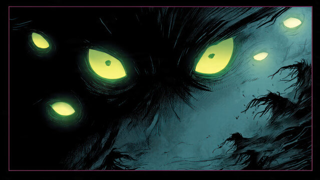 Dark fantasy illustration of multiple monstrous demonic faces with glowing orange eyes emerging from shadows, detailed ink line art, hatching and crosshatching, black and red color palette, eerie atmo