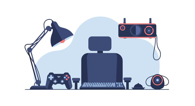 A vector illustration of a modern computer gaming setup featuring a lamp, controller, keyboard, headset, and projector in a minimalist style.