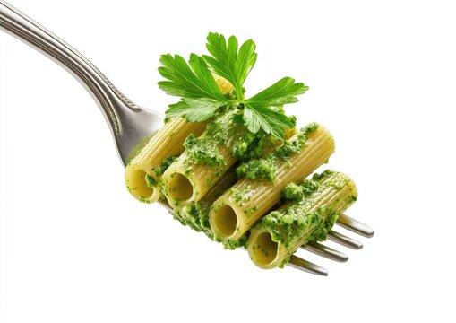 Fork holds rigatoni pasta coated in vibrant green sauce and garnished with parsley