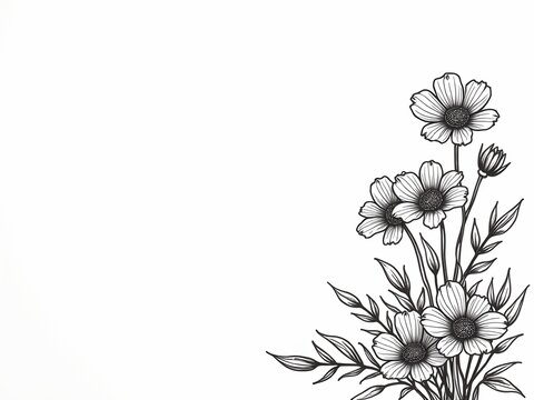 A black and white illustration of a bouquet of flowers with leaves at the bottom. The flowers appear to be wildflowers and are accompanied by green stems and what seem to be seed pods