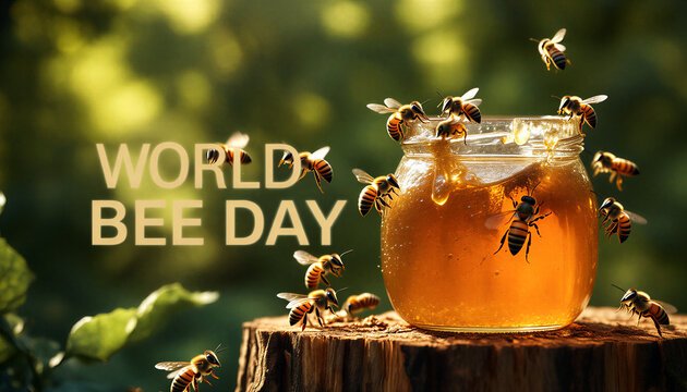 Celebrate world bee day with a jar of fresh honey surrounded by buzzing bees in nature