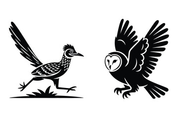 Fototapeta premium Roadrunner running and barn owl in flight, black and white illustration