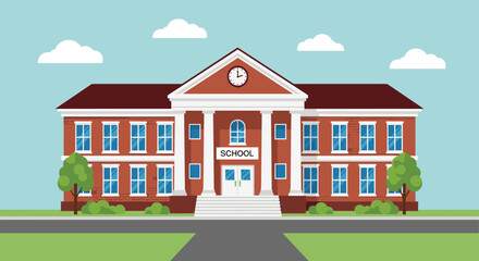 Classic brick school building illustration with columns, clock, entrance steps, sky, clouds, trees, and pathway, educational campus vector graphic design. © Md