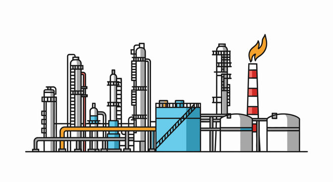 Industrial factory with smokestack and pipes.