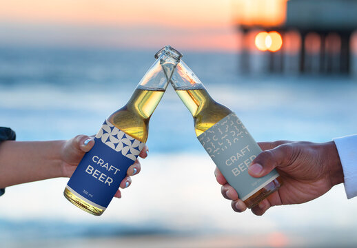 CraftBeer Bottles Mockup Clinking Beachside PSD