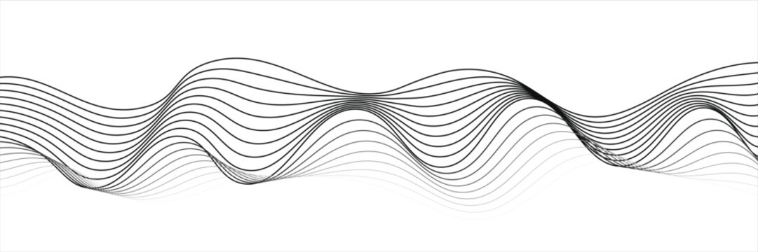 Abstract wave element for design. Digital frequency track equalizer. Stylized line art background. Vector illustration. Wave with lines created using blend tool. Curved wavy line, smooth stripe.