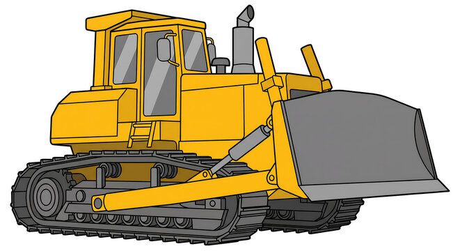 Clean minimalist 2D flat vector graphic of a blank yellow crawler bulldozer dynamic 3/4 front perspective isolated on white