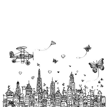 Whimsical hand drawn cityscape illustration featuring a vintage biplane flying above detailed urban buildings with floating butterflies and romantic heart shaped icons