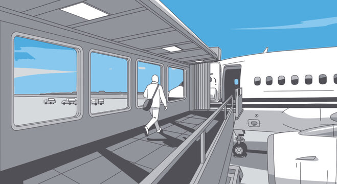 Person walking on jetway to airplane.