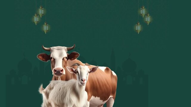 Eid Mubarak Wishes Background with Cow and Goat, Islamic Festival Greeting Banner video Design