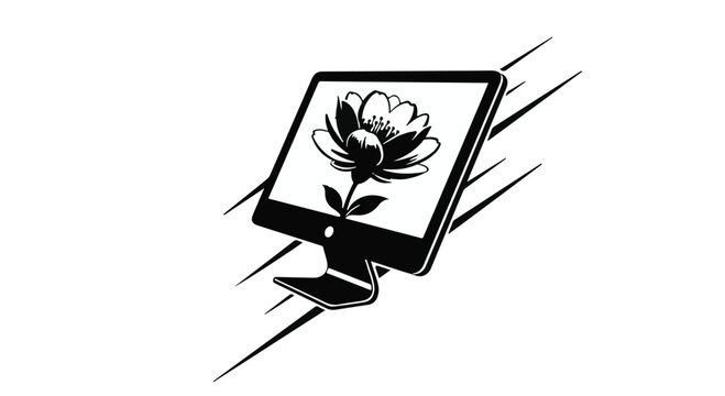 Computer monitor displays a blooming flower on its screen while tilted at an angle to represent the intersection of nature and digital display technology.