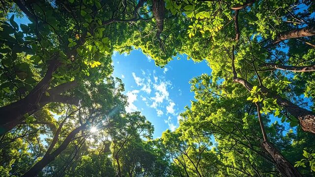 Looking up through the green canopy of trees towards the bright blue sky and sunlight