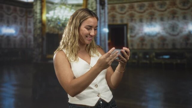 Woman holding smartphone with both hands, smiling and looking at the screen in an ornate building with chandelier and patterned walls; joy connection.