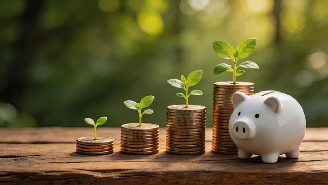Financial growth concept money coin stacks with growing green plants representing investment profit compound interest savings development business wealth accumulation success