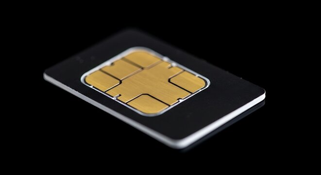 A close-up of a small, rectangular, dark-colored SIM card with golden contact pads