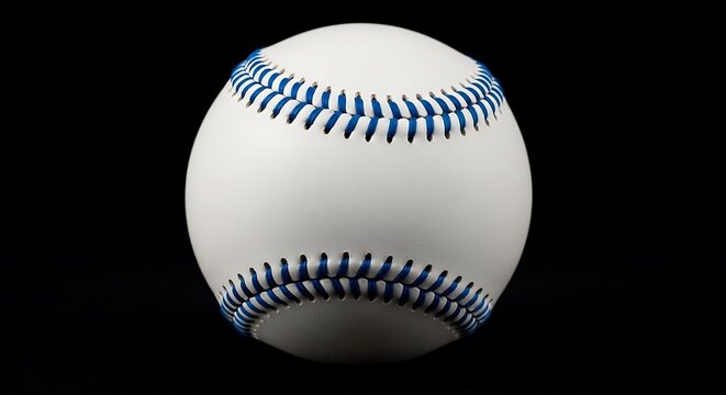 A close-up of a white baseball with blue stitching, isolated against a solid black background