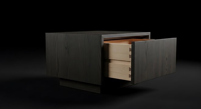 A dark wood nightstand with one drawer open, revealing the interior with dovetail joints