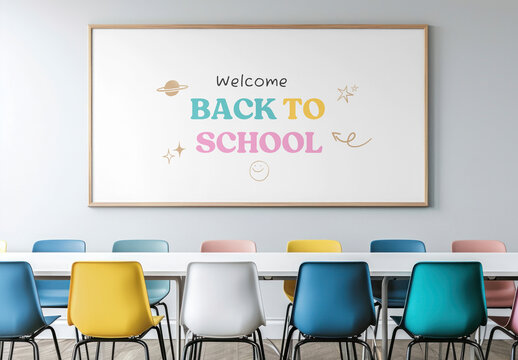 Colorful Classroom Whiteboard Mockup Welcomes Students Back PSD