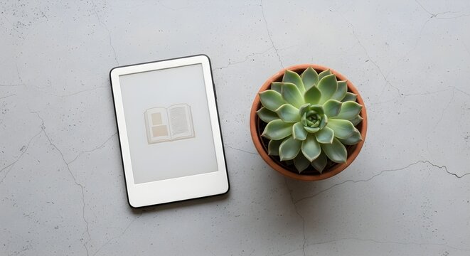 E reader and succulent plant on a textured surface in natural light