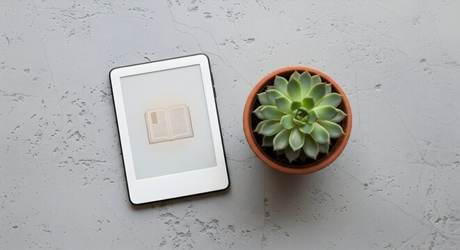E reader and succulent plant on a textured surface overhead view