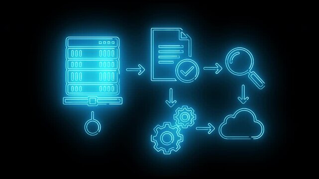 Neon-lit illustration of data transfer and synchronization between a computer, document, checklist, magnifying glass, gears, and cloud storage on a black