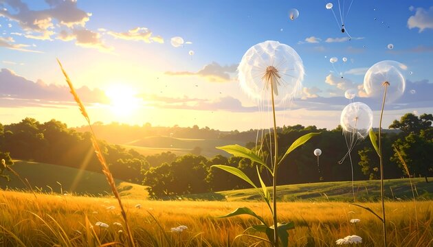 A serene landscape with dandelions and a sunset