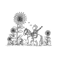 Naklejka premium Small knight riding a horse through a field of giant sunflowers in a whimsical hand drawn sketch style illustration for childrens storybook concept art and coloring page