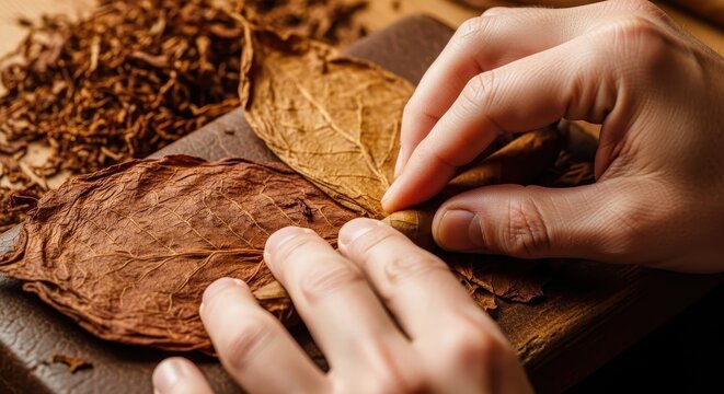Artisan Hands Carefully Preparing Tobacco Leaves for Rolling Cigars.