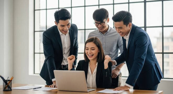 Business colleagues celebrate a successful project outcome while gathered around a laptop in a modern office.