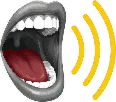 Open mouth with tongue extended emitting sound waves in yellow conveying communication or loud expression speaking shouting yelling voice audio vocal announcement news information