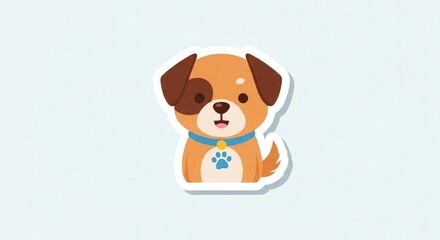 Obraz premium Cute brown dog sticker with blue collar and paw print on chest smiling on light background