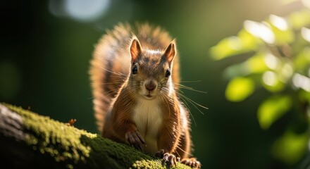 Obraz premium Alert Squirrel Perched on a Mossy Branch in Sunlight.