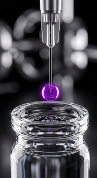 Laboratory pipette dropping purple liquid.