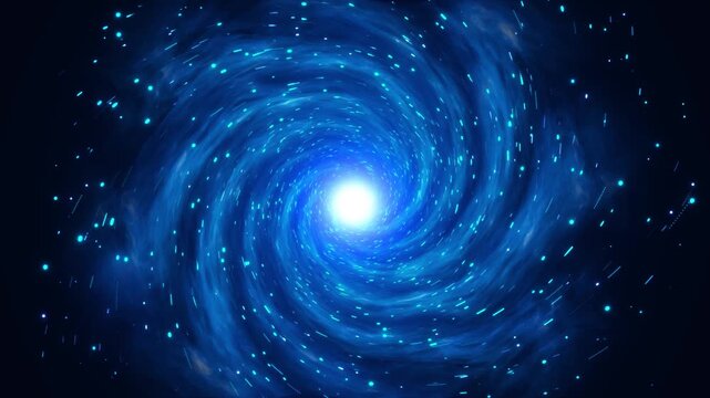 Deep blue galaxy vortex swirling bright cosmic glowing particles light trails. Futuristic spiral dramatic space warp effect. sci fi visuals, universe themes space travel graphics cinematic backgrounds